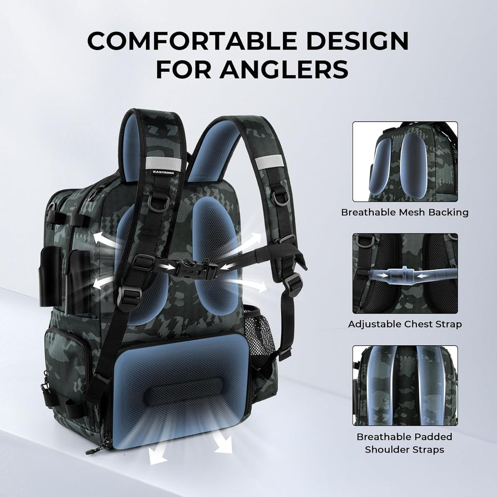 KastKing BaitSpace Fishing Tackle Backpack with Removable Bait Binder,2 Rod Holders Storage Fishing Gear and Equipment