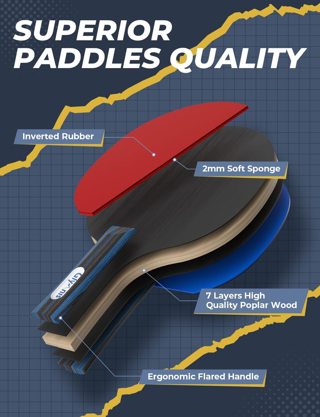 Glymnis Ping Pong Paddles Set of 4/2, 7-Ply Table Tennis Rackets and Balls