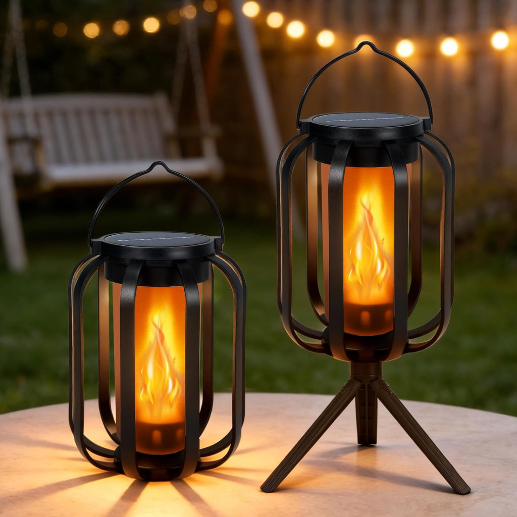 2 Pack Solar Lantern Lights Outdoor Waterproof Flickering Flame Light, Solar Lights with Dual Charging (USB/Solar) & 4 Modes Hanging Camping Light for Yard Patio Path Tree Porch Garden Decoration