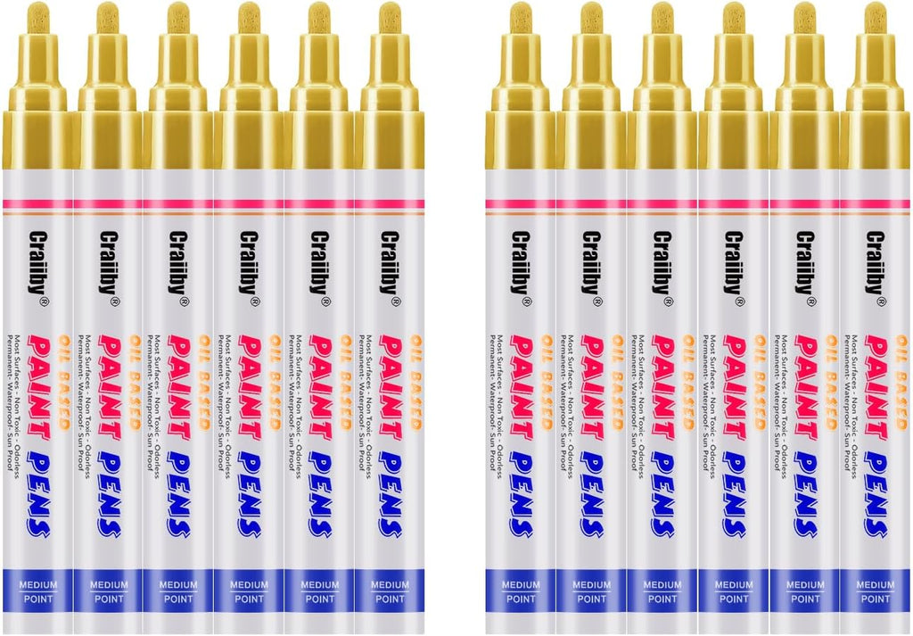 Gold Paint Markers, 12 Pack Oil-Based Waterproof Quick Dry Permanent Paint Pen Set for Rocks Painting, Wood, Fabric, Plastic, Canvas, Glass, Mugs, Metal, Tire, Stone, DIY Craft
