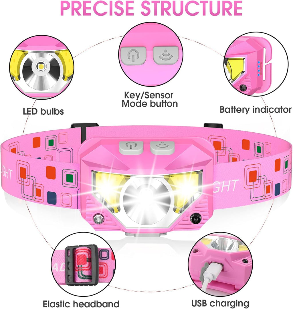 LHKNL Headlamp Flashlight, Lumen Bright Head Lamps LED Rechargeable-Pink