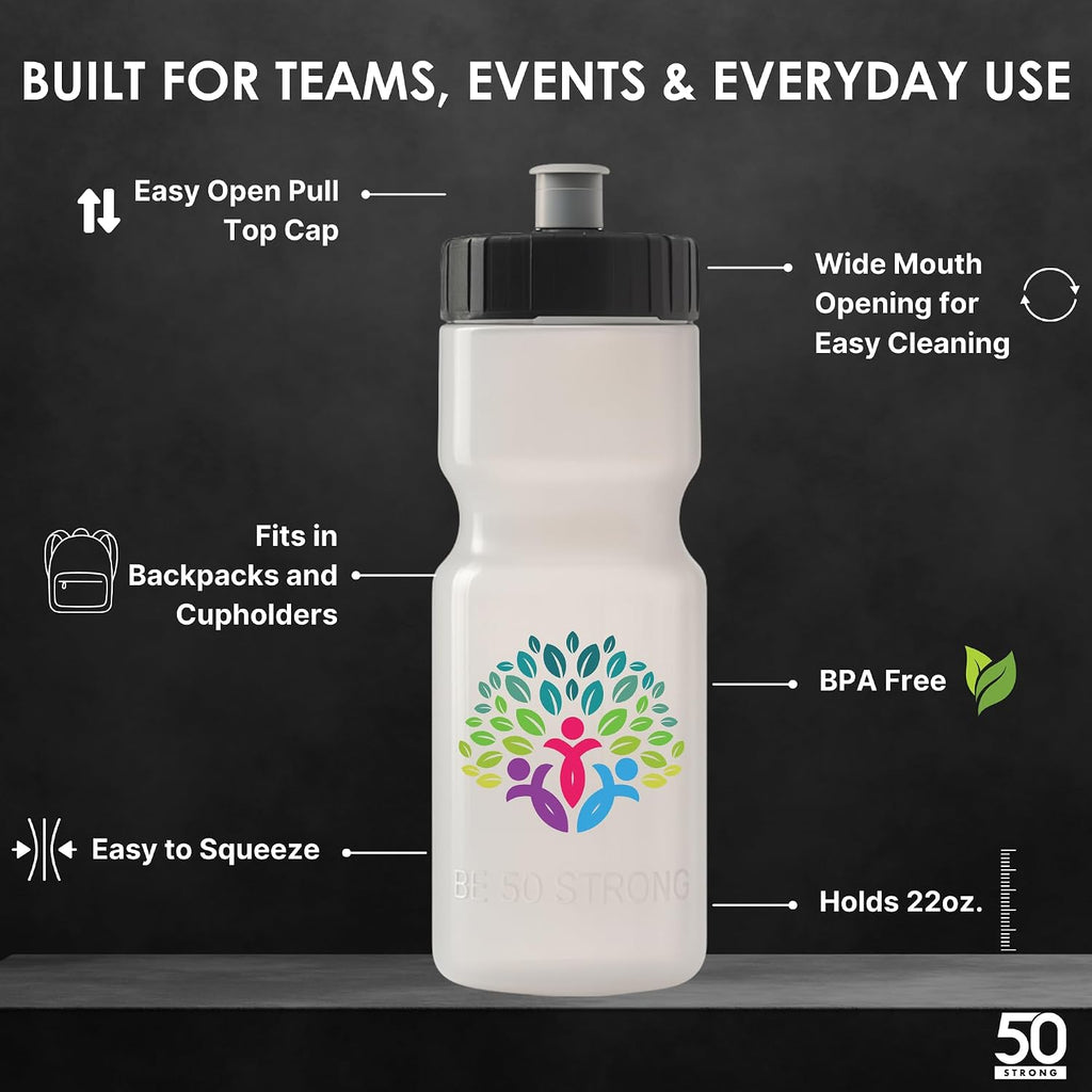 50 Strong | Custom Water Bottles, 24-Pack, 22 oz, Personalized, Logo Ready