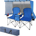 Double Beach Chair with Canopy Shade,Heavy Duty Camping Chair for Aduls,Folding Beach Chair with Cup Holder Cooler Bag for Sports Beach Outside（Blue）