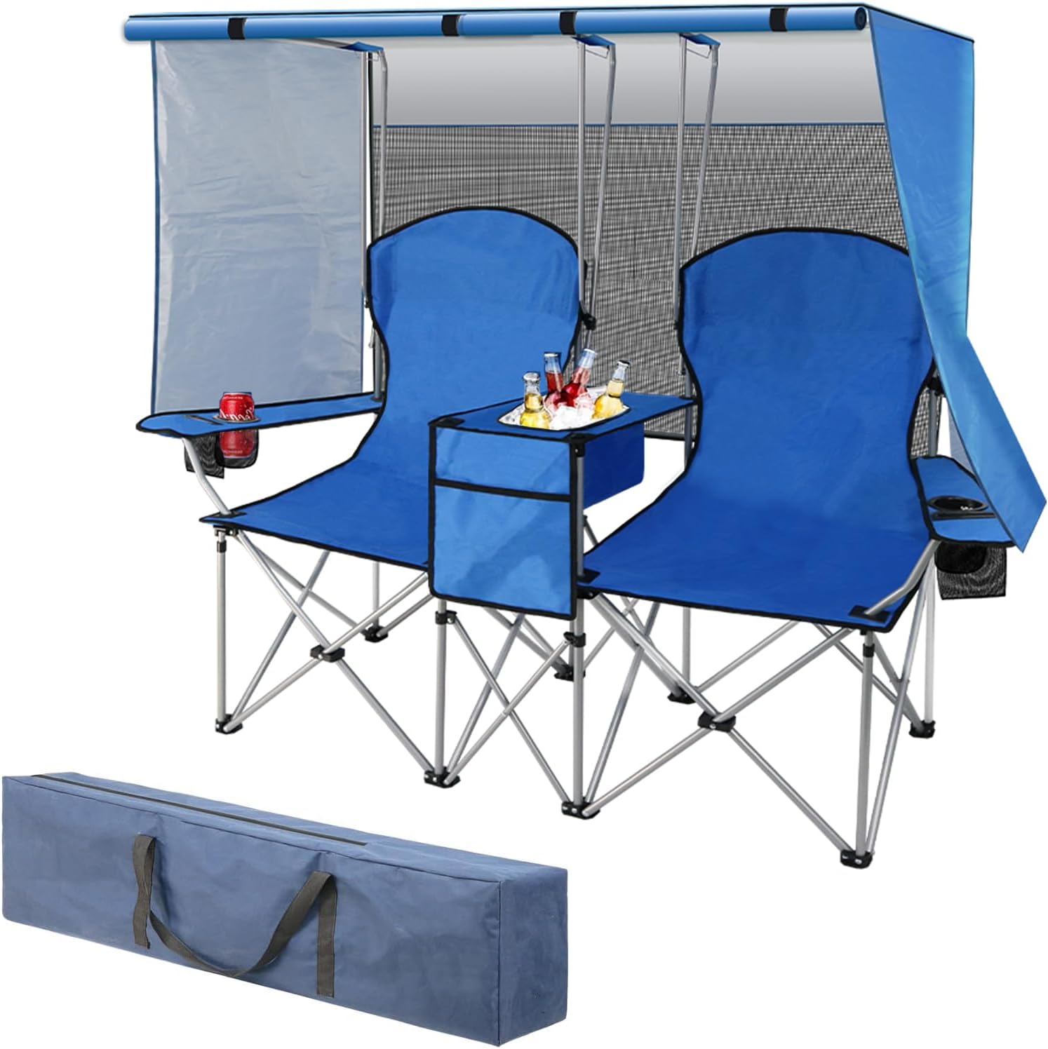 High Back Beach Chairs,2Pack Protable Folding Chair for Adults,Foding Camping Chairs with Carry Bag Cup Holder for Beach,Fishing Outside（Bue）