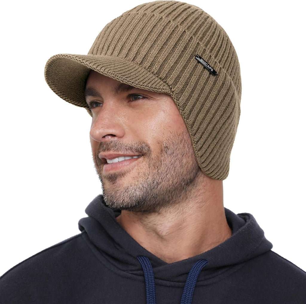 Wmcaps Winter Beanie with Brim & Ear Flaps, Fleece Lined Hat for Men Women