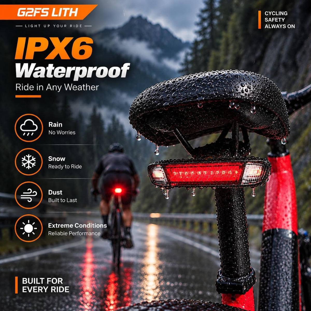 USB-C Bike Tail Light Red Yellow Dual Flash IPX6 Waterproof Rack Lamp