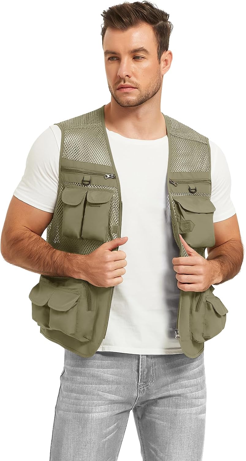 Flygo Men's Fishing Vest Utility Lightweight Outdoor Travel Safari Photo Cargo Vest with 16 Pockets