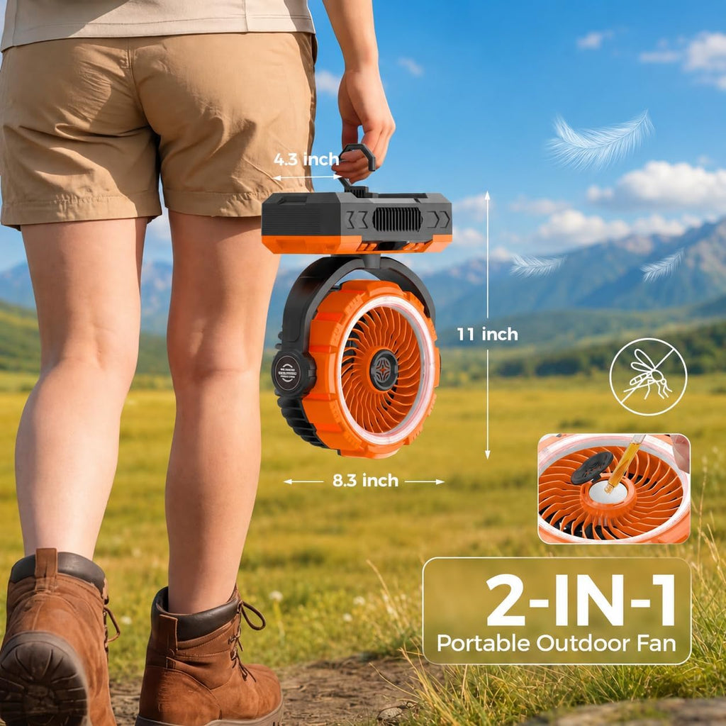 9-Inch Rechargeable Camping Fan 【Auto-Oscillating, Max 60H】20000mAh Portable Battery Powered Operated Fan,Light,Timer,Hook,Outdoor Tent Fans for Patios,Beach,Fishing,Emergency,Camping Gear Essentials