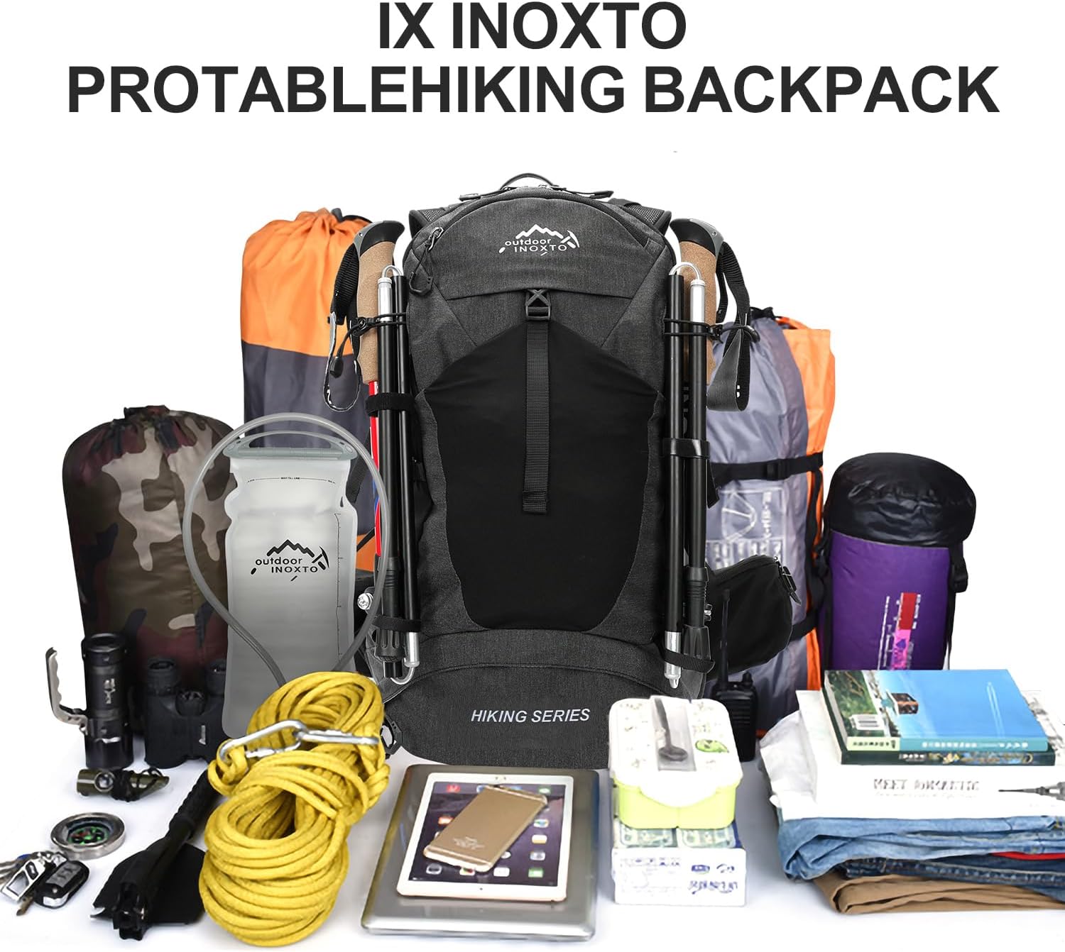IX INOXTO Hiking Backpack, 26L/40L Waterproof Hiking Daypack with 3L Water Bladder and Rain Cover, Lightweight Travel Camping Backpack for Men Women (Black)