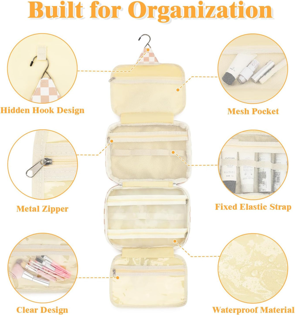 Fammart Hanging Travel Toiletry Bag for Women, Waterproof Travel Essentials with Hook, Multi-compartment Checkered Makeup Cosmetic Bag Organizer for Accessories, Shampoo, Leakproof Wet Dry Separation
