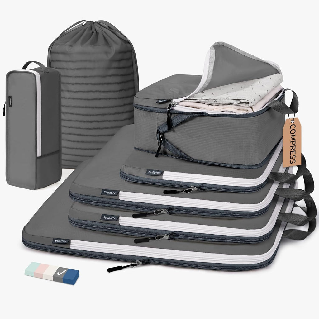 CherryNow 7 Set Compression Travel Packing Cubes for Suitcases, Grey
