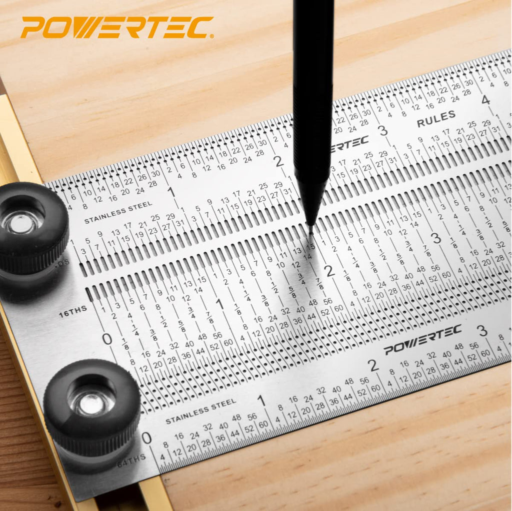 POWERTEC 6'' & 12'' Stainless Steel Precision Marking T-Square, T Rule w/Pencil for Measuring, Scribing, Setting Up Bits Height, Woodworking & Crafting Marking Tools for Drill Press,Table Saw 80032