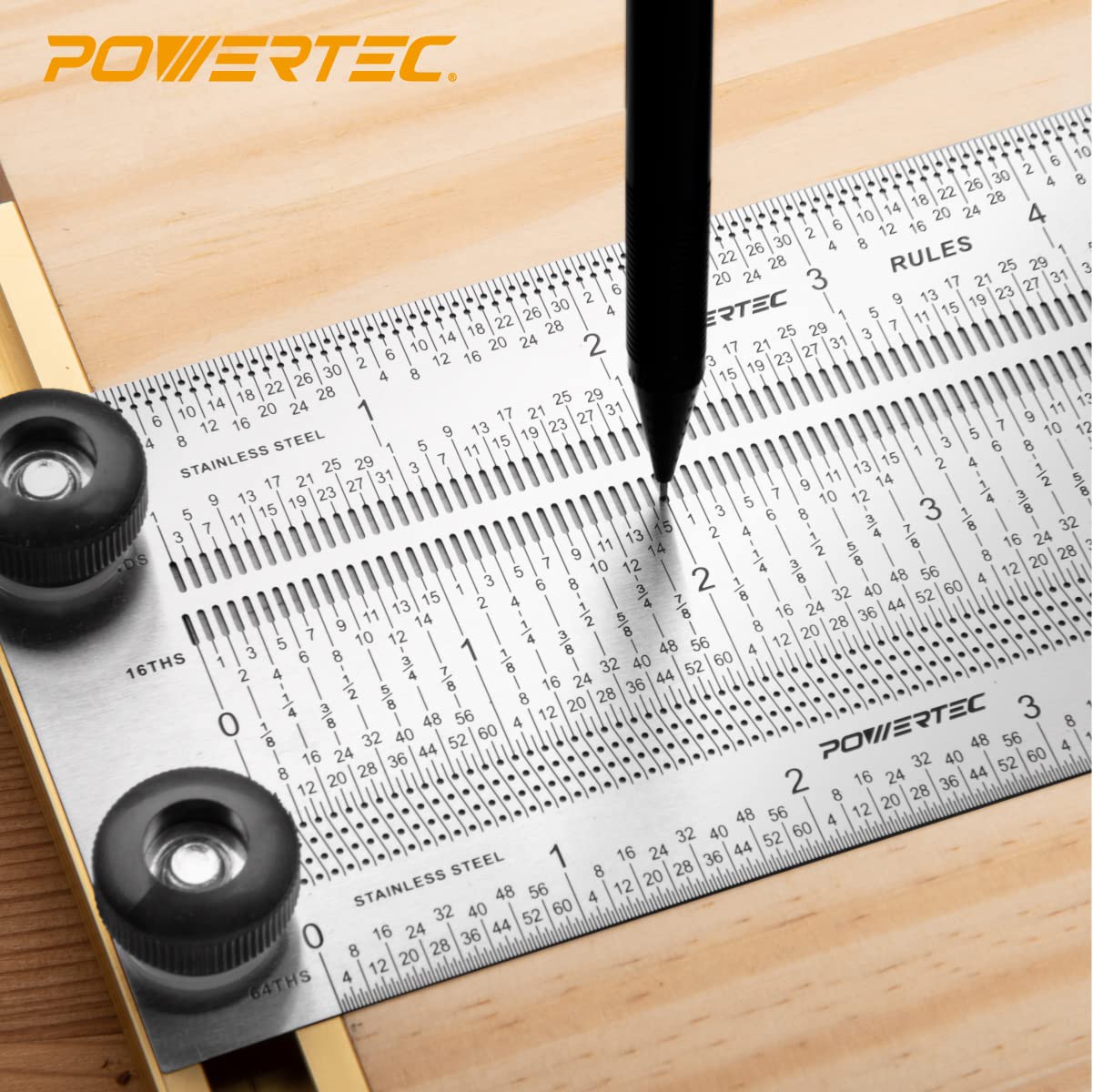 POWERTEC 6'' & 12'' Stainless Steel Precision Marking T-Square, T Rule w/Pencil for Measuring, Scribing, Setting Up Bits Height, Woodworking & Crafting Marking Tools for Drill Press,Table Saw 80032