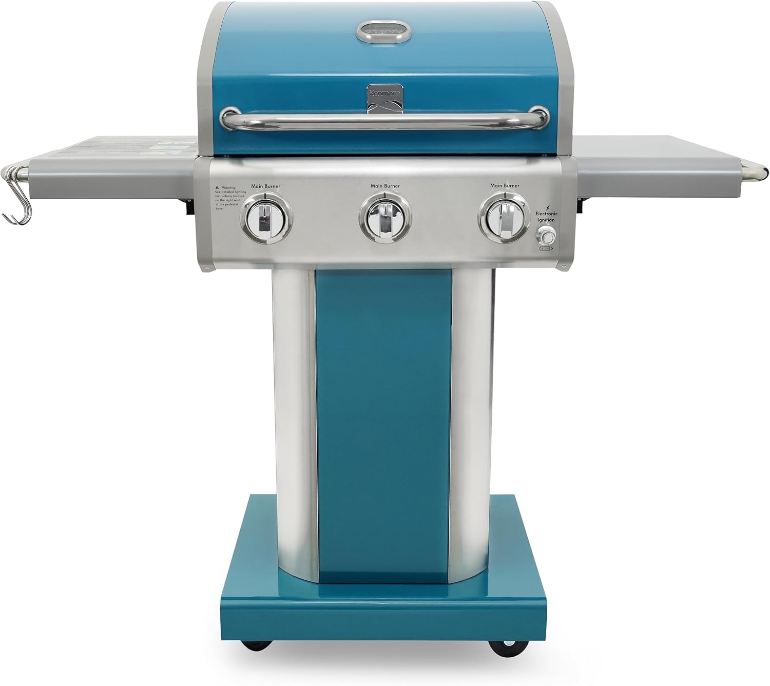Kenmore 3-Burner Propane BBQ Grill, 30,000 BTUs Gas Grill with Cast Iron Cooking Grates, Folding Side Tables & Wheels, Outdoor Grill with Tool Hooks, Teal