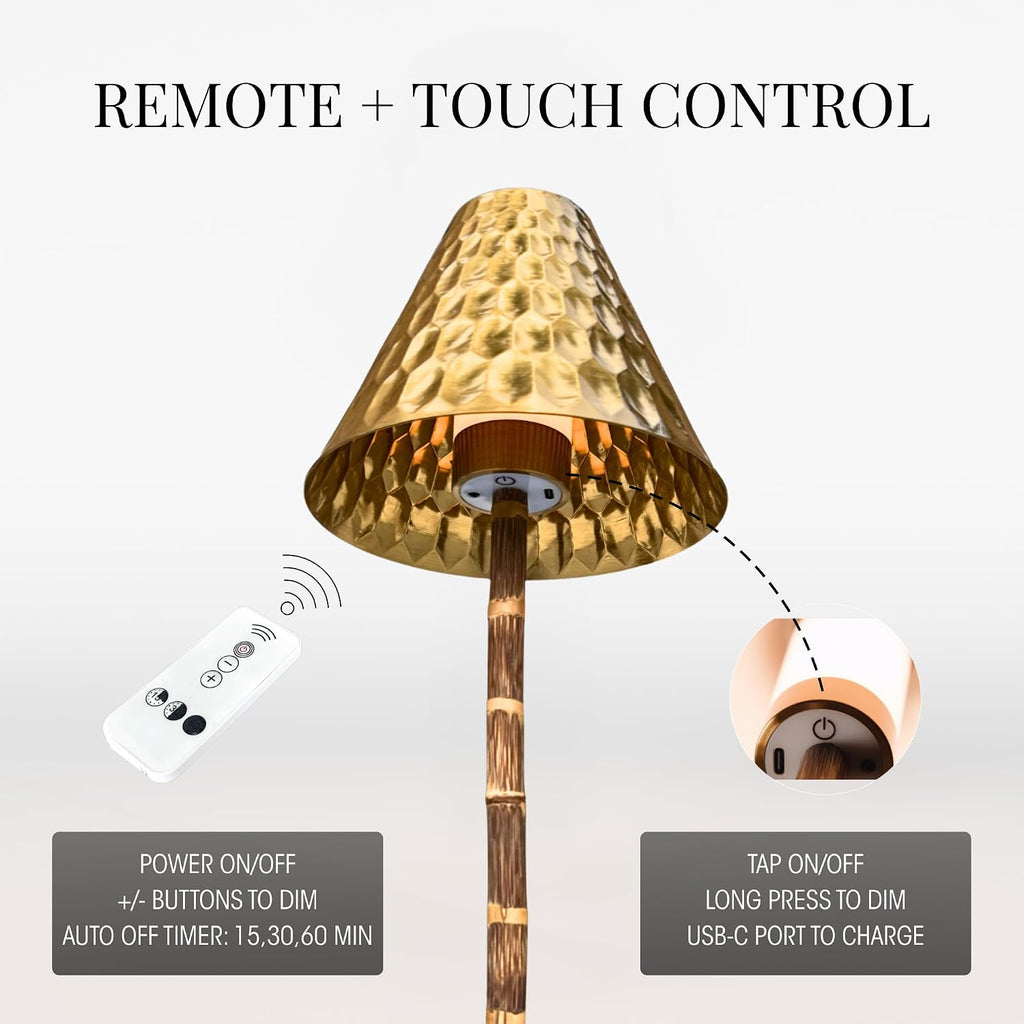 Bamboo Cordless LED Table Lamp – Rechargeable 24-Hour Battery, Dimmable Warm Light, Portable Wireless Lamp with Remote for Indoor/Outdoor Use, Home, Patio, Restaurant – (TEXTURED GOLD), 14.76" Tall