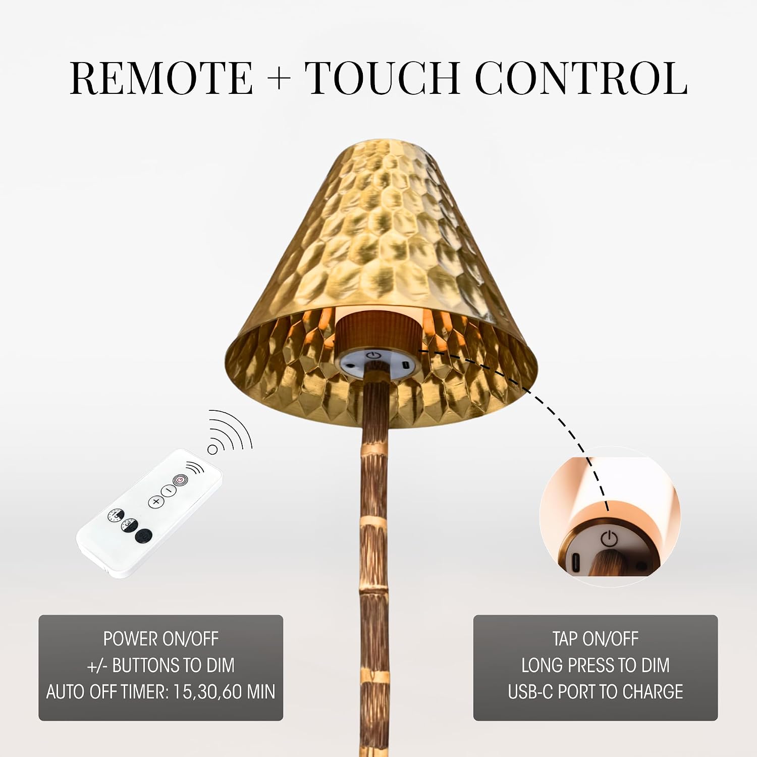 Bamboo Cordless LED Table Lamp – Rechargeable 24-Hour Battery, Dimmable Warm Light, Portable Wireless Lamp with Remote for Indoor/Outdoor Use, Home, Patio, Restaurant – (TEXTURED GOLD), 14.76" Tall