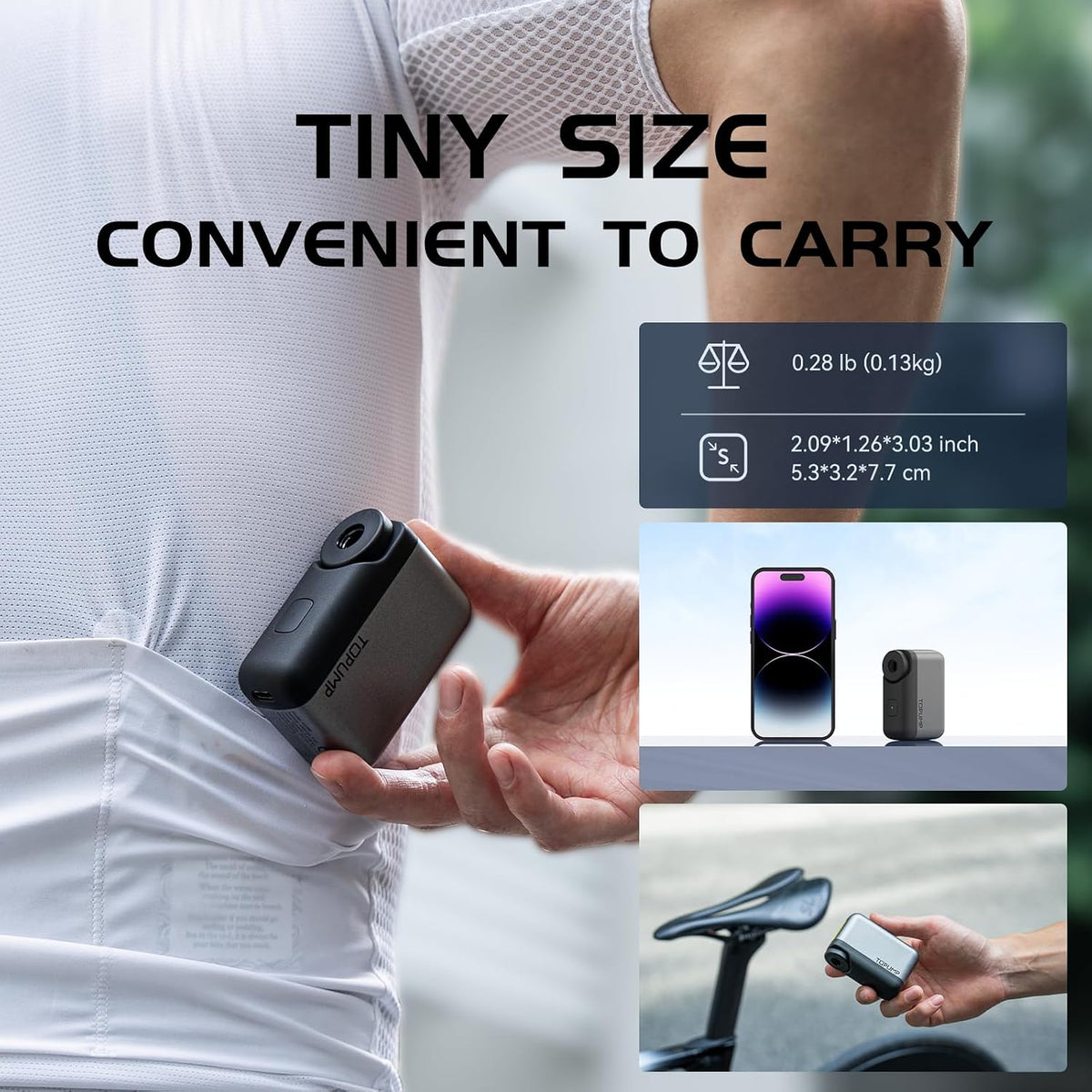 TOPUMP TB2 Mini Electric Bike Pump 120PSI Rechargeable, No Screen