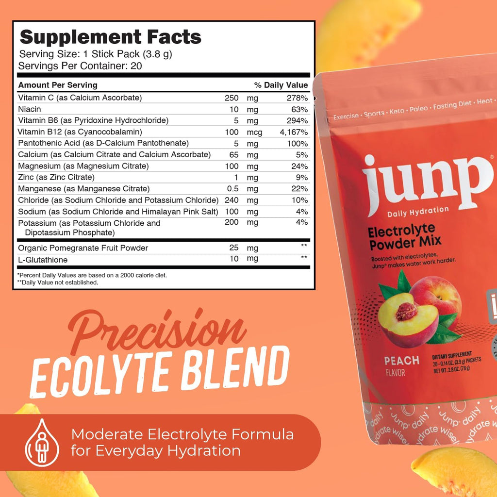 JUNP Sugar Free Electrolytes Powder Packets for Water Instant Hydration Packets with Salt & Potassium, Zero Calorie, No Carbs No Sugar Electrolyte Drink Mix Sticks, Keto Friendly, Juicy Peach 20 Pack