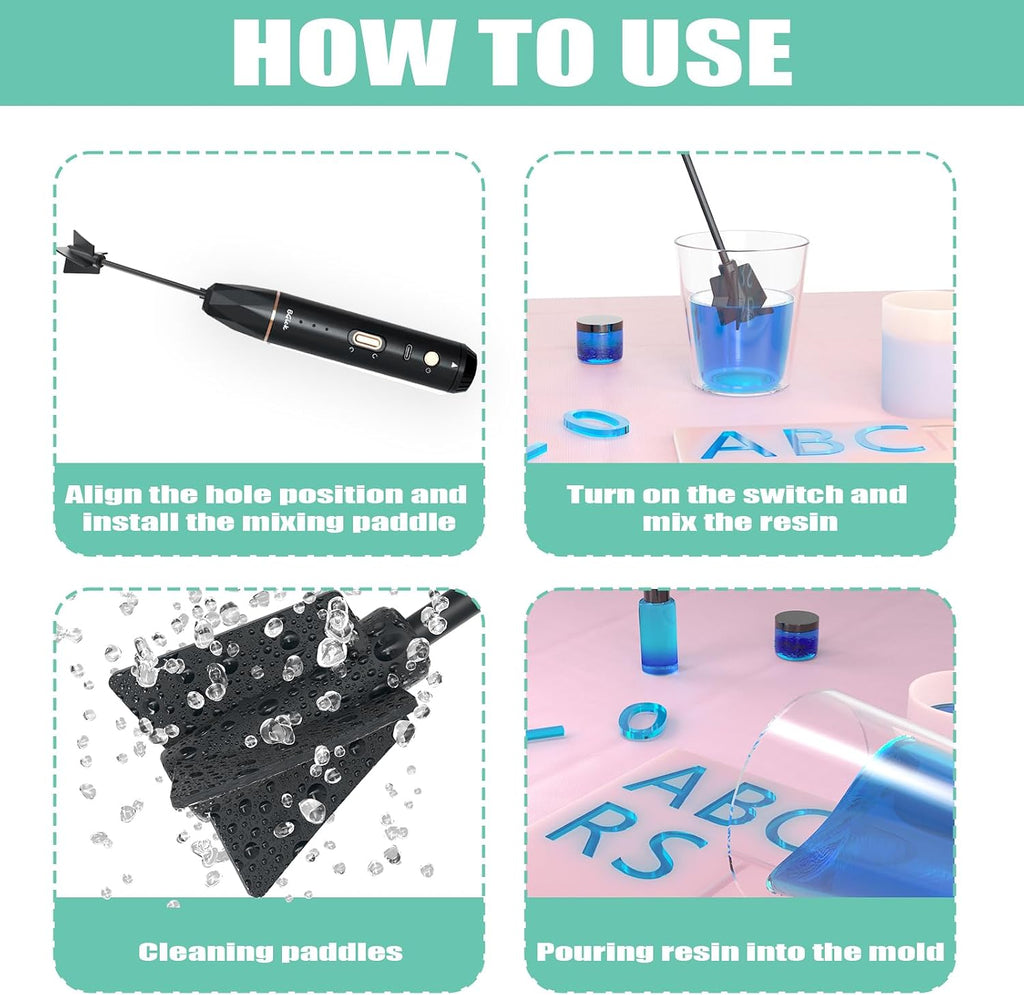 Upgraded Resin Mixer, Handheld Rechargeable Mixer with Minimizing Bubbles,Epoxy Resin Mixer for Resin, Silicone Mixing, Resin Molds, DIY Crafts (Included 4 pcs Paddles) (Black)