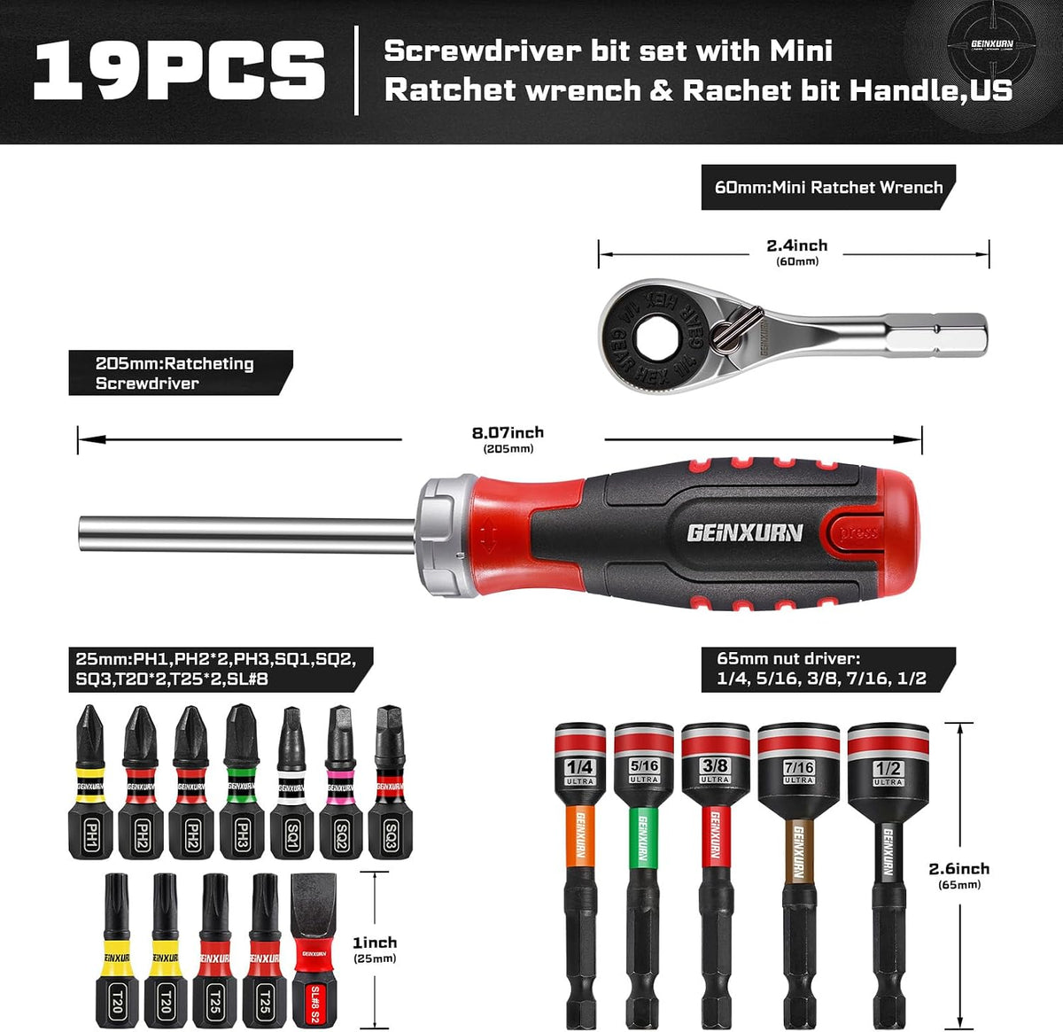 Geinxurn 19 Pieces Ratcheting Screwdriver Set and Socket Wrench Set, Mini Rachet Wrench, Rachet Screwdriver Handle and Nut Driver with 12 Pcs Impact Screwdriver Bit, Hand Tools Set for Repair DIY