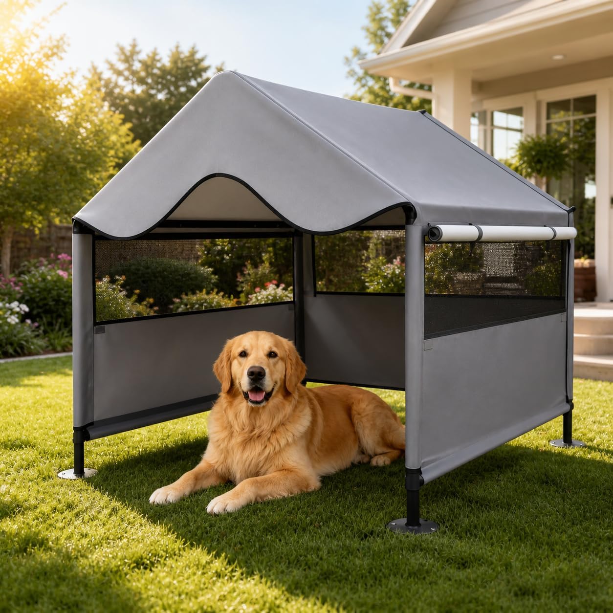 Extra Large Dog Shade Shelter Canopy with UV Protection, Big Dog House Outside, Outdoor Dog Tent with Three-Sided Breathable Mesh Windows, Gray Sun Rain Cover for Pet Sheep Goat 4'x 4'x 3.3'