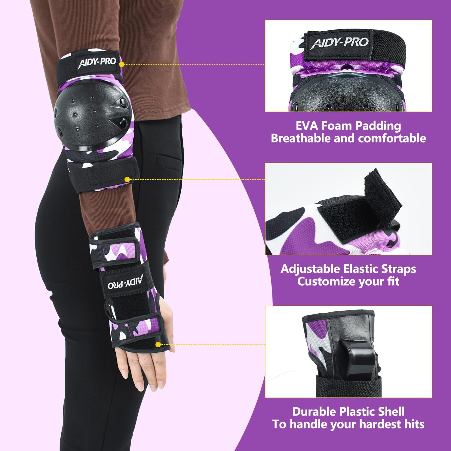 AIDY-PRO Adult/Youth/Kids Knee Pads and Elbow Pads Set Skateboard Protective Gear, 6 in 1 Knee Guards Kids Wrist Guards for Roller Skating Skateboarding Biking