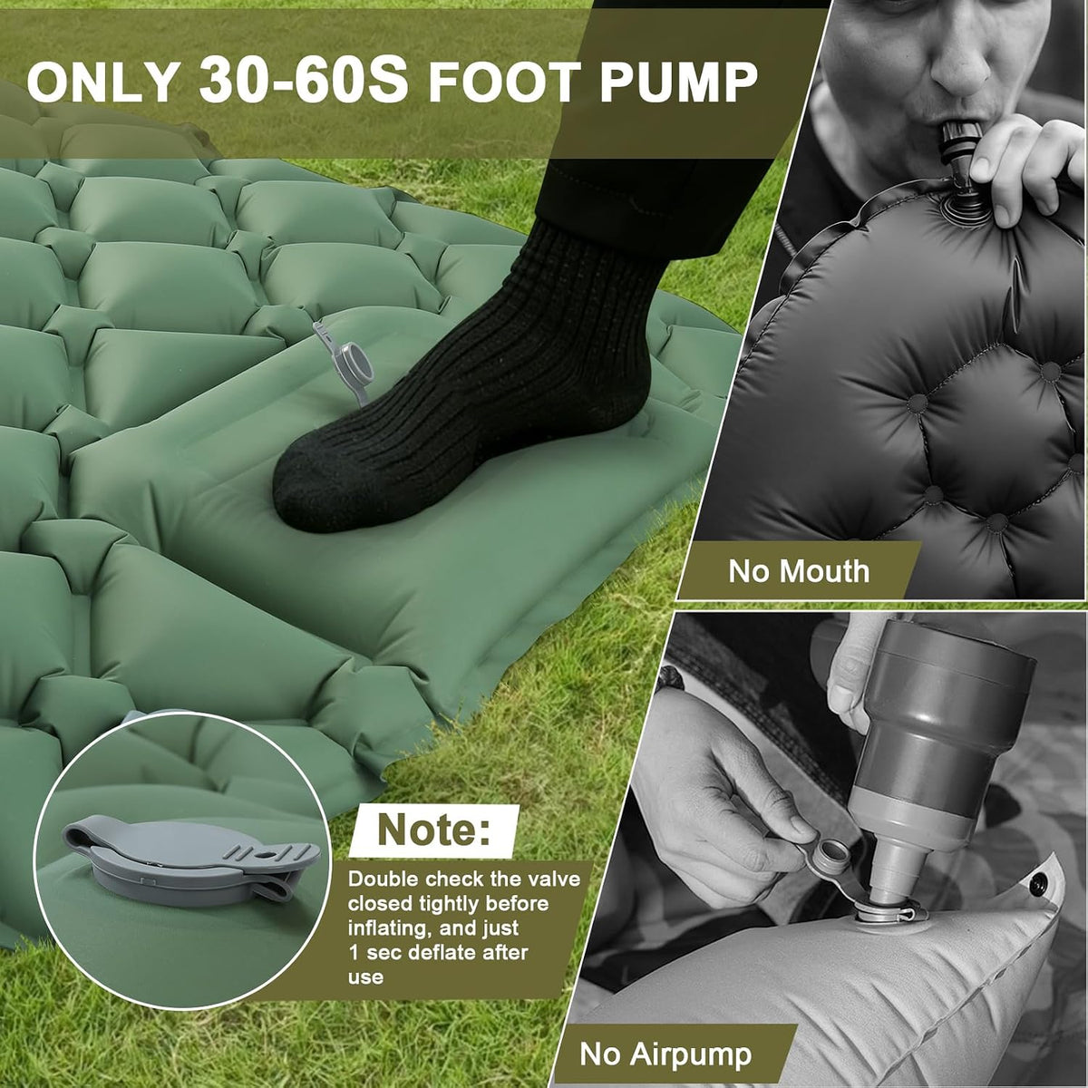 Self Inflating Sleeping Pad for Camping with Seat Cushion, Single, Green