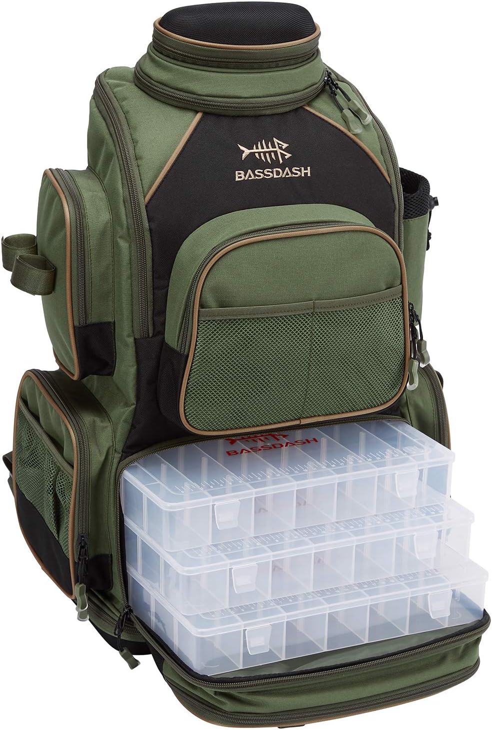 BASSDASH Fishing Tackle Backpack Water Resistant Tactical Bag Soft Tackle Box with Rod Holder and Protective Rain Cover