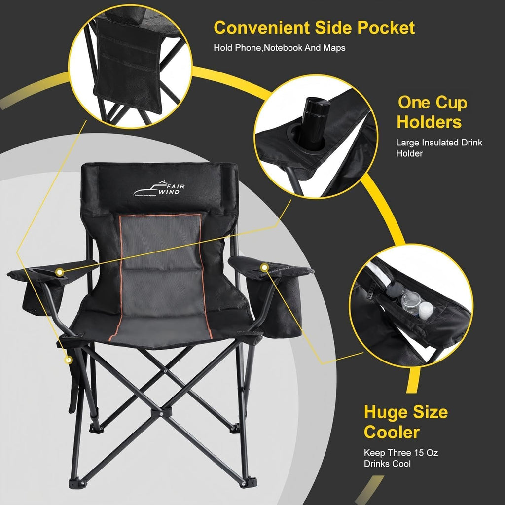 FAIR WIND Oversized Padded Camping Chair with Footrest Stool Set Heavy Duty Support 300 LBS Cooler Bag - Black Grey