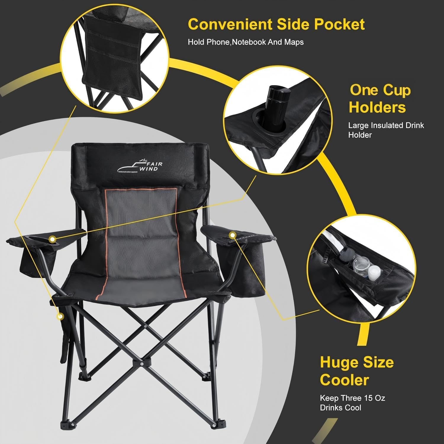 FAIR WIND Oversized Padded Camping Chair with Footrest Stool Set Heavy Duty Support 300 LBS Cooler Bag - Black Grey