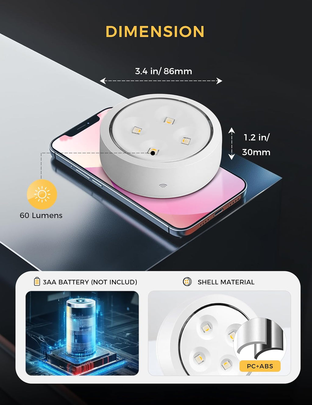 Push Lights with Remote 6-Piece Battery-Powered LED Hockey Puck Lights, Wireless Under-Cabinet & Baseboard Illumination, Dimmable & Color-Changing (White, White)