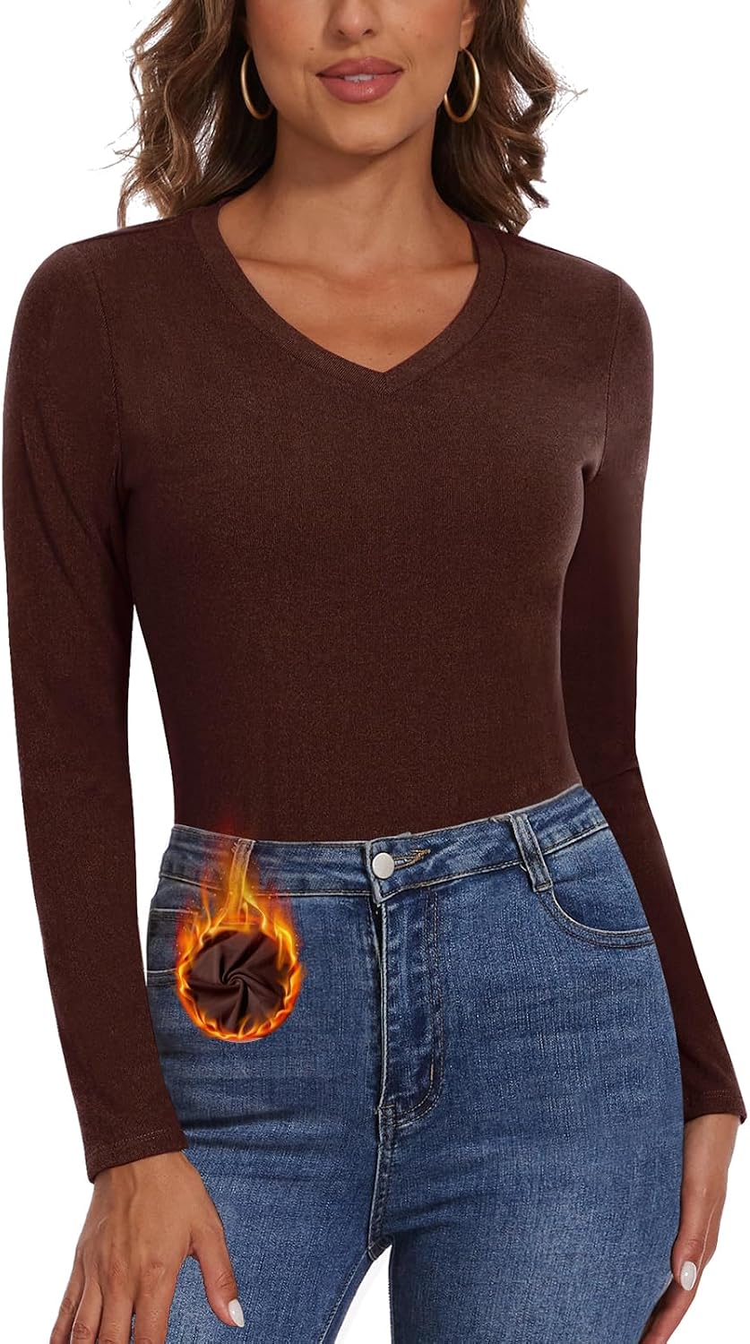 WOWENY Thermal Shirts for Women V Neck Fleece Lined Base Layer