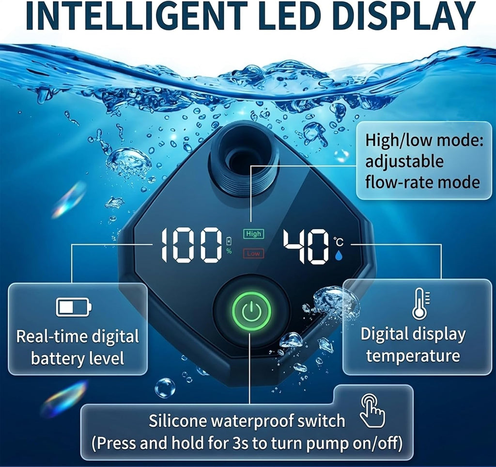 Portable Shower for Camping – 6000mAh Rechargeable Shower Pump with LED Display, 3 Modes & Spray Nozzle – IPX7 Outdoor Shower Kit for Travel, Beach, Car, Dog Bath