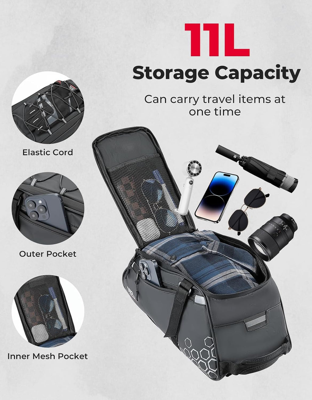 KEMIMOTO 3-in-1 Rear Bike Bag, 11L Convertible Backpack/Shoulder Bag, Black