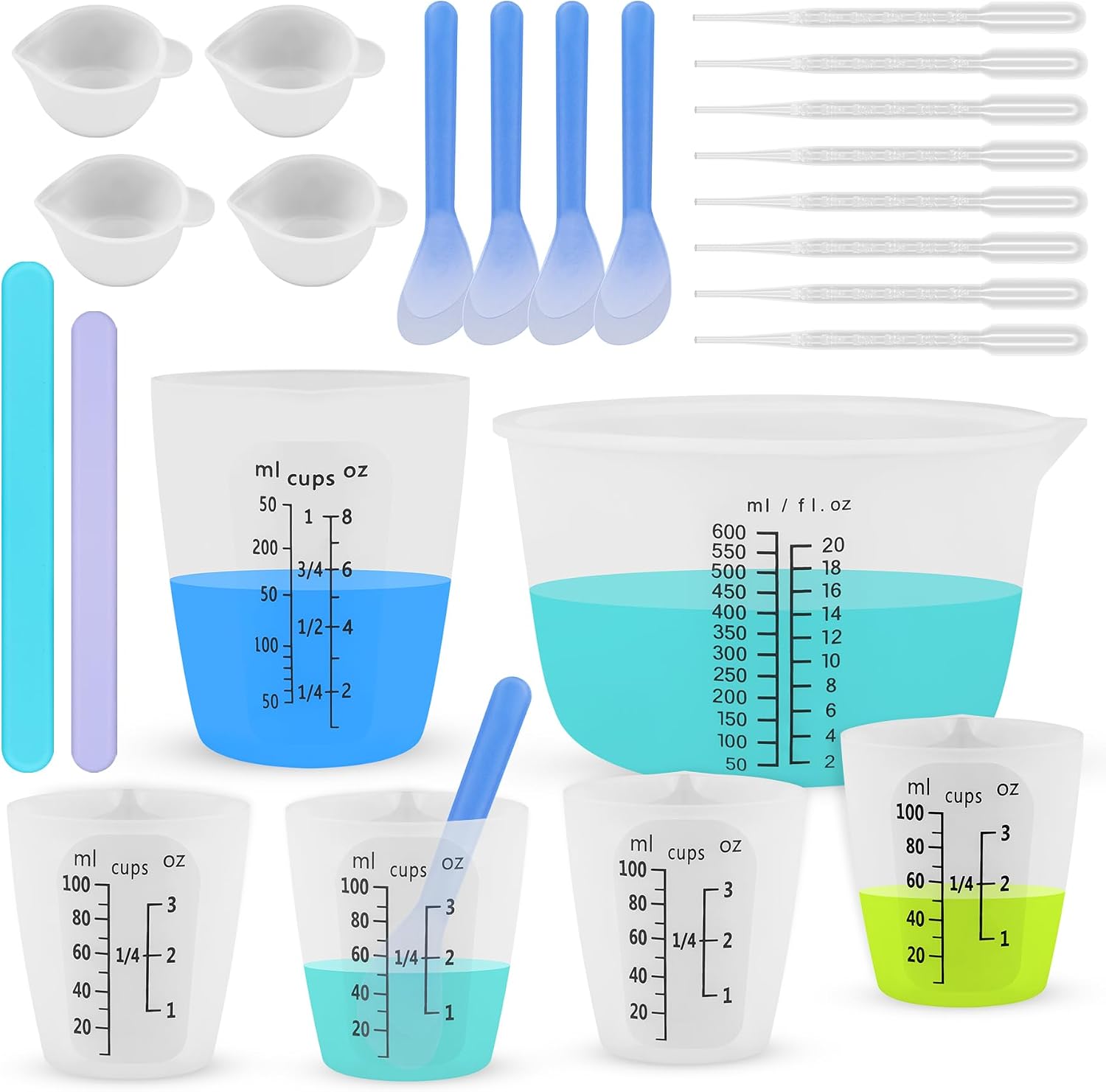 Silicone Resin Mixing Measuring Cups for Resin Supplies, Easy-to-Read Marks, 600ml/20oz Bowl, 250&100ml Thickened Reusable Silicone Cups for Epoxy Mixing, with Stir Sticks, Jewelry Making