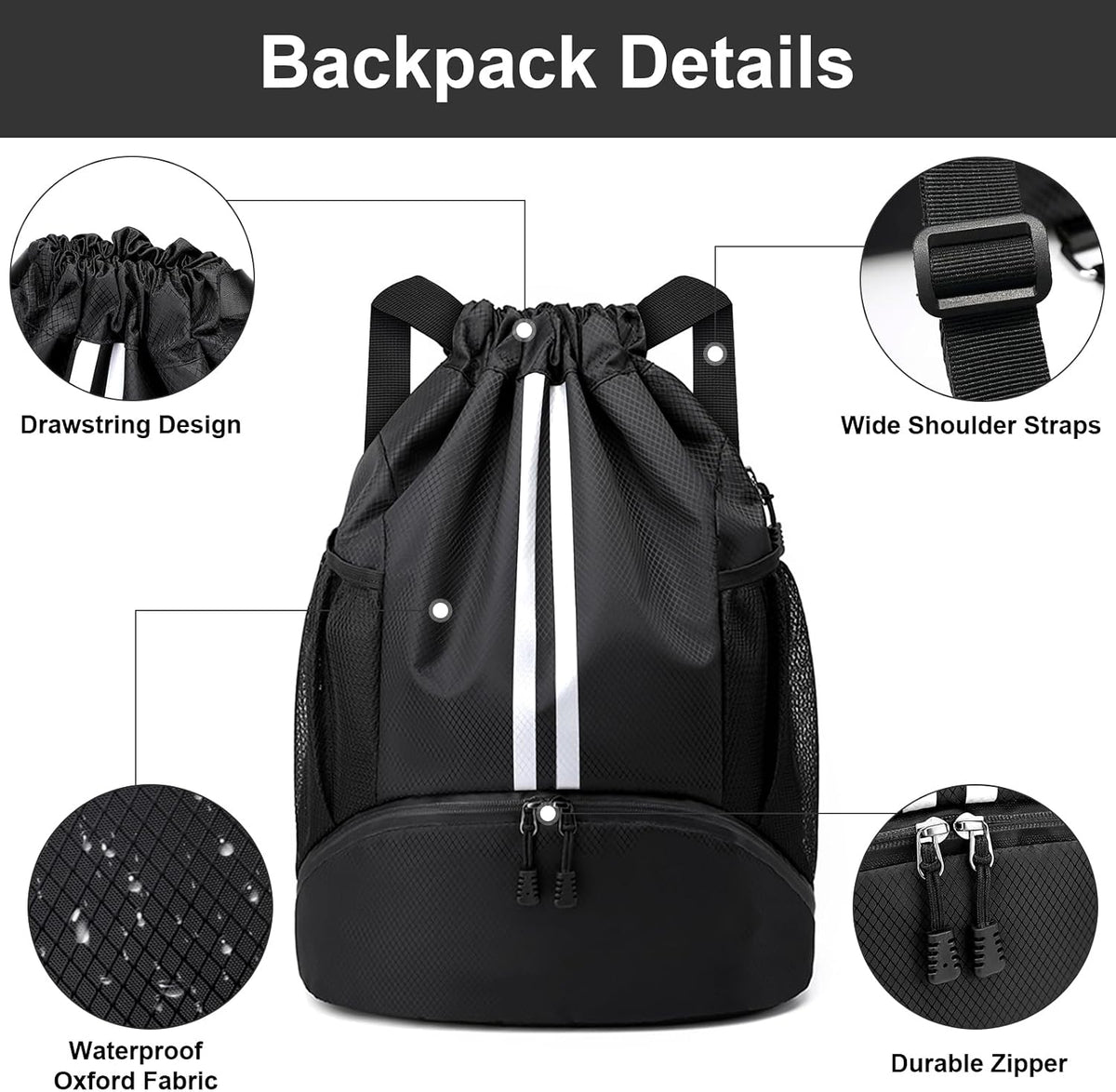 Hoedia Sports Drawstring Backpack - Swim Gym Bag for Women and Men