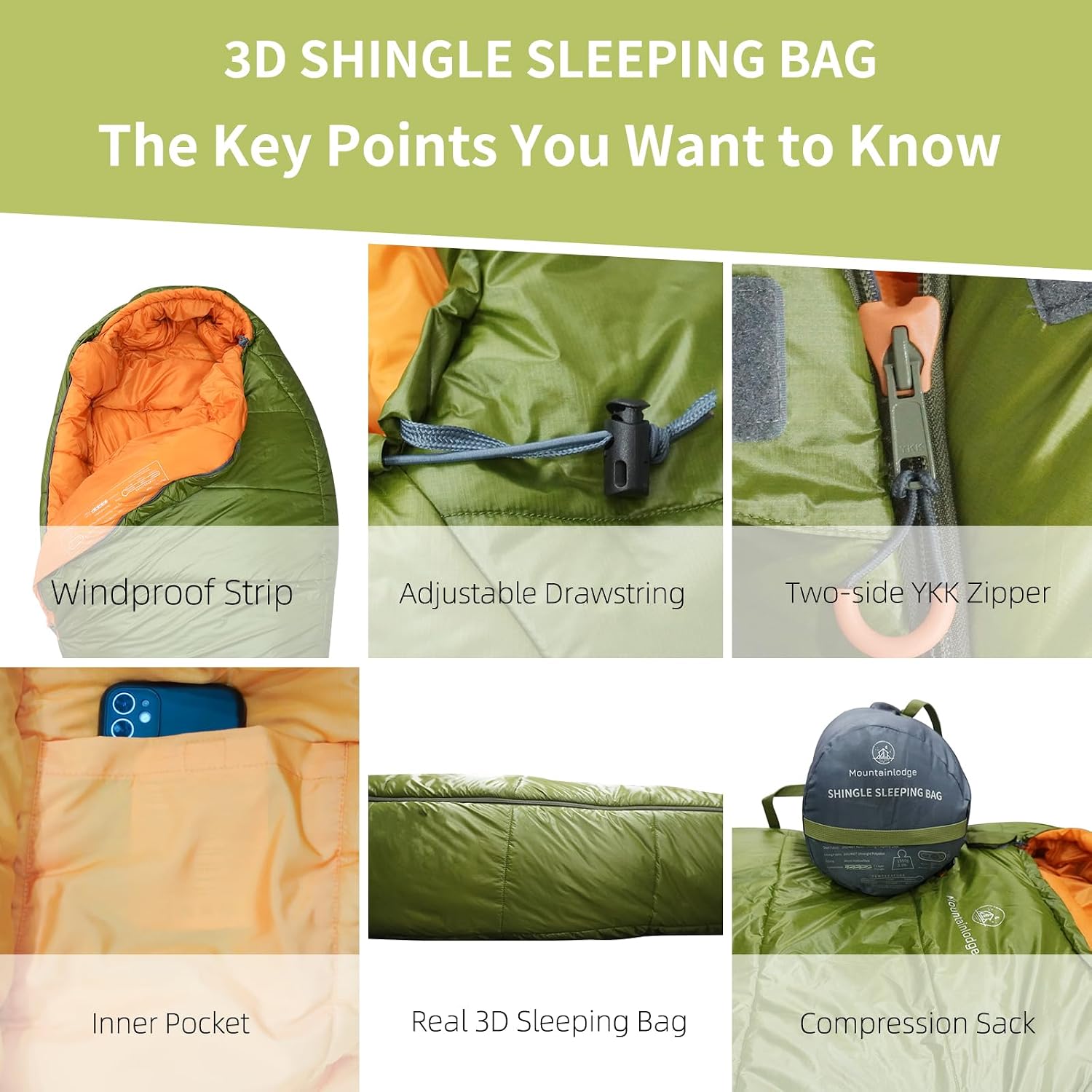 Mountainlodge 3-4 Seasons Shingle Sleeping Bag 15℉ with Inner Pocket for Adult,Perfect for Backpacking,Traveling and Hiking,Including Free Compression Stuff Sack.