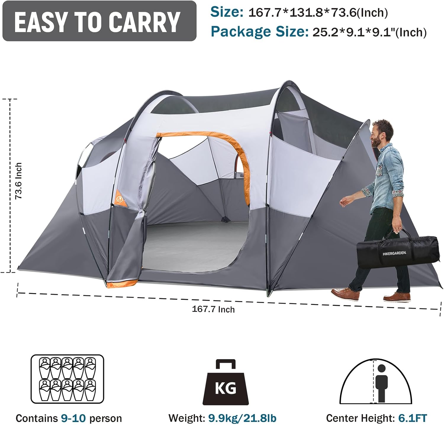 HIKERGARDEN 10 Person Tents for Camping Family Outdoor Dome Tent
