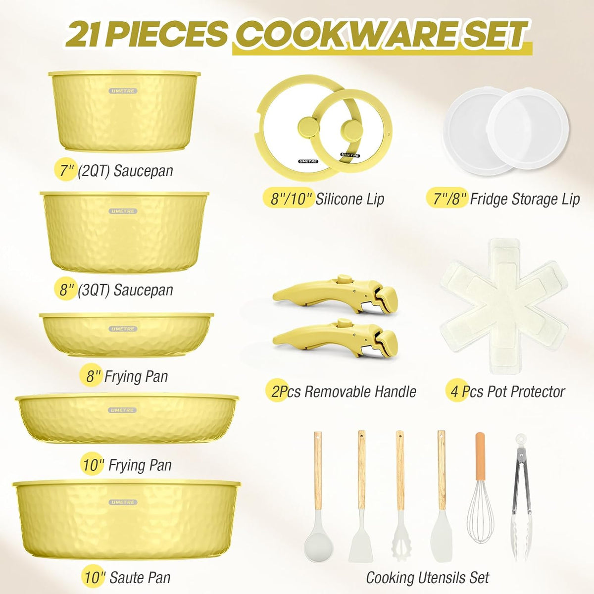 21 Pcs pots and Pans Set, Ceramic Nonstick Cookware Set Detachable Handle, Induction Kitchen Cooking Utensil Set with Removable Handle, Non Stick RV Pans Set, Dishwasher ＆ Oven Safe (yellow)