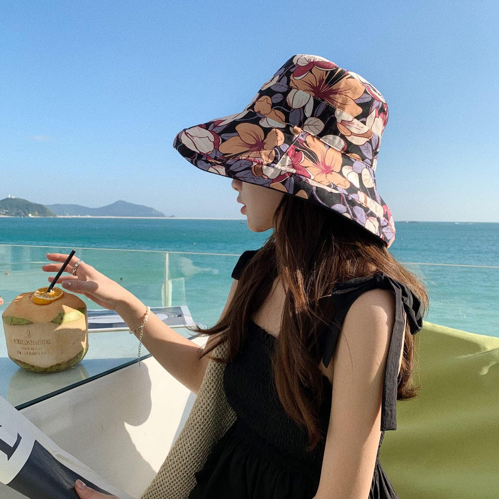 HUAMULAN Wide Brim Women Summer Sun Floppy Hat Reversible Beach Bucket Hat