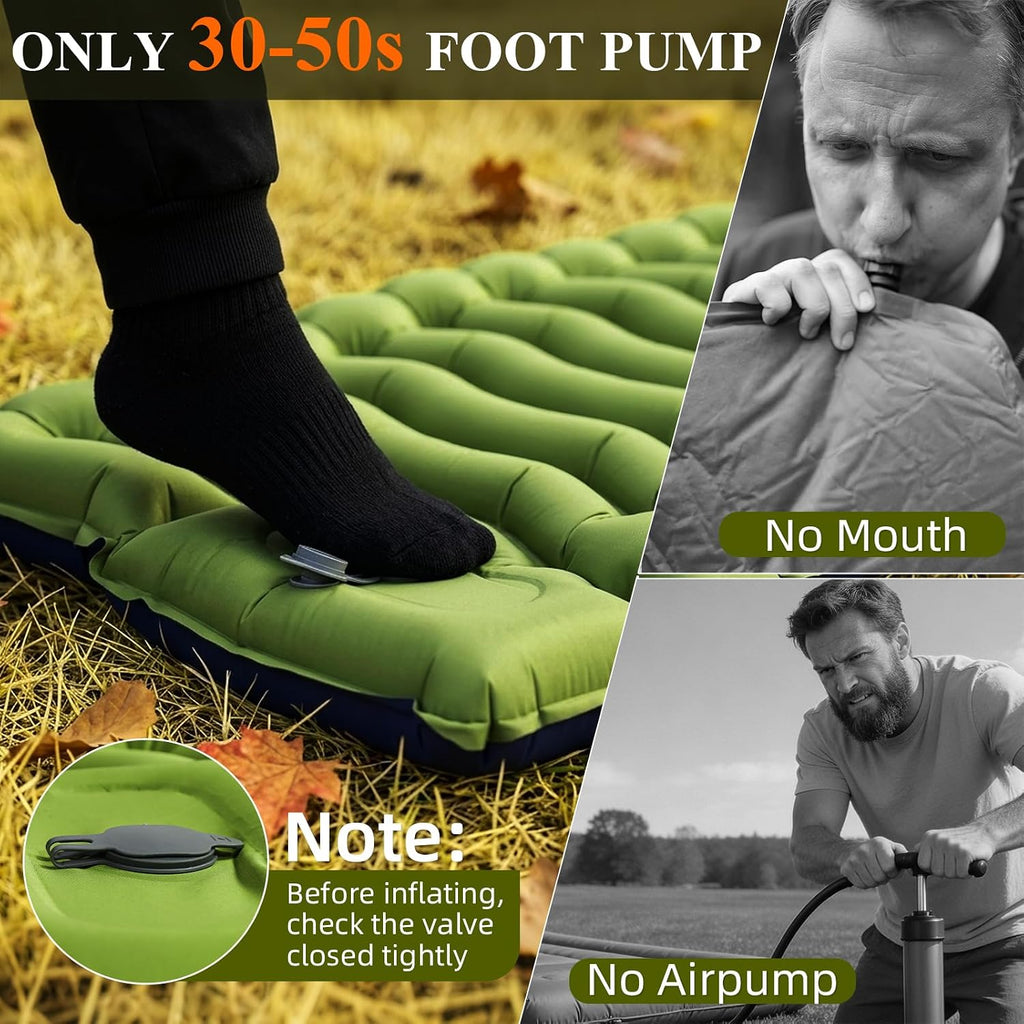 Camping Sleeping Pad, Ultralight Inflatable Sleeping Mat with Pillow & Foot Pump, Extra Thick Compact Camping Mattress for Hiking, Backpacking & Tent Use, Dual-Colored Design (Green)