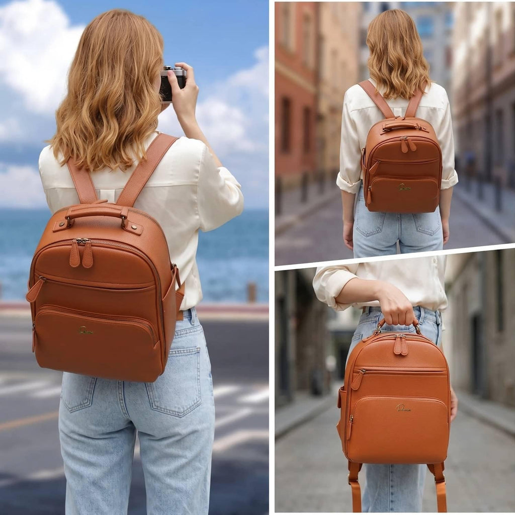 Small Camera Backpack, Classic PU Leather for DSLR, Professional Camera Bag for Photographers with 11 Inch Pad/Tablet Compartment, 10L Brown