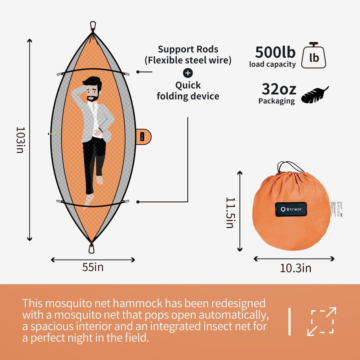 Hammock with Mosquito Net - Lightweight, Portable, 1 Person Hammock - for Camping, Hiking, Backpacking, Travel, a Festival, or The Beach (Orange)