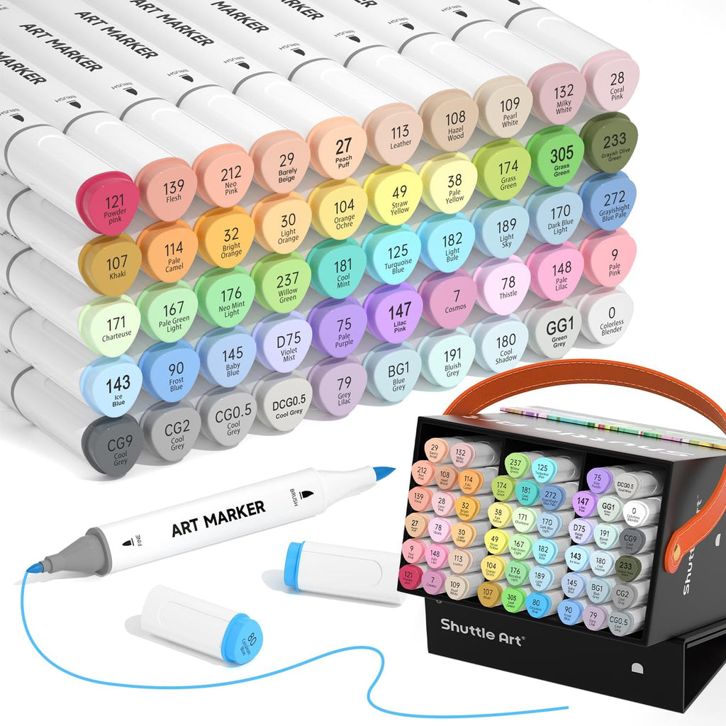 Shuttle Art Pastel Alcohol Markers Brush tip, Dual Tip Brush & Fine Tip Art Marker Set, 50 Colors plus 1 Blender Marker Pens with Case Perfect for Illustration Kids Students Adults Coloring Sketching