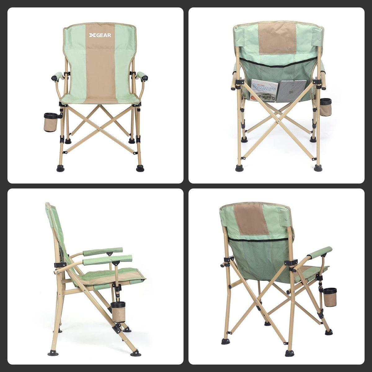 XGEAR 330LB Heavy Duty High Back Hard Arm Camping Chair with Cup Holder