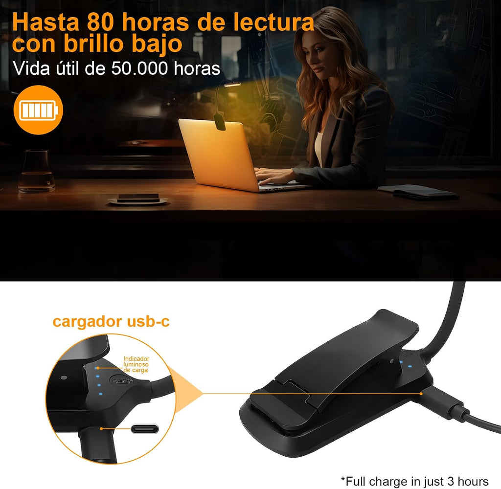 karidi Rechargeable 24 LED Book Light for Reading, 360° Flexible Gooseneck, 5 Color Tones, Clip-on for Books/Tablet/Bed, USB-C, 80H Glare-Free Eye Care (Black)
