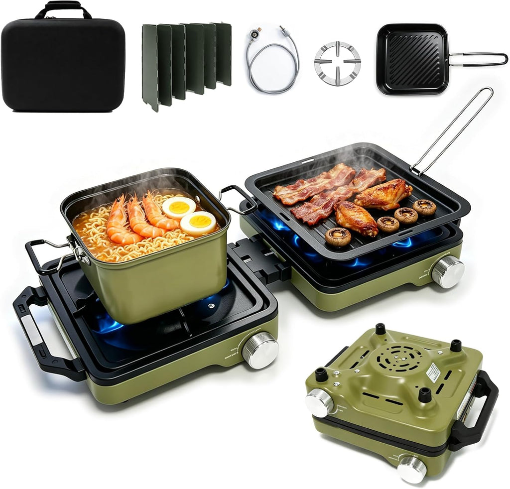 2 Burner Portable Propane Camping Stove Kit, 24000 BTU Foldable Hiking Stove with Frying Pan, Pot, Windshield & Carry Bag, Outdoor Cookware Camp Cooking Set for Tailgating, BBQ, Picnic, Green