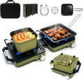 2 Burner Portable Propane Camping Stove Kit, 24000 BTU Foldable Hiking Stove with Frying Pan, Pot, Windshield & Carry Bag, Outdoor Cookware Camp Cooking Set for Tailgating, BBQ, Picnic, Green
