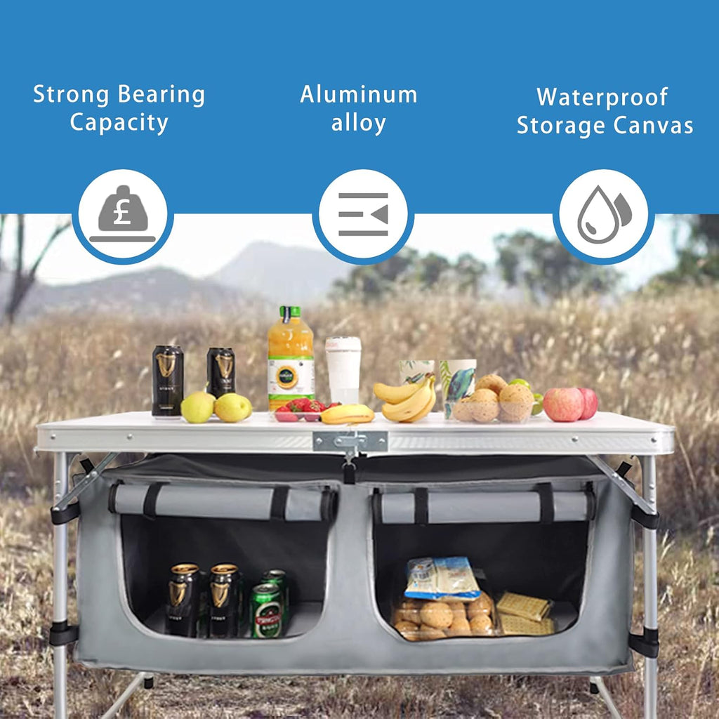 Folding Camping Table with Storage, Adjustable Height