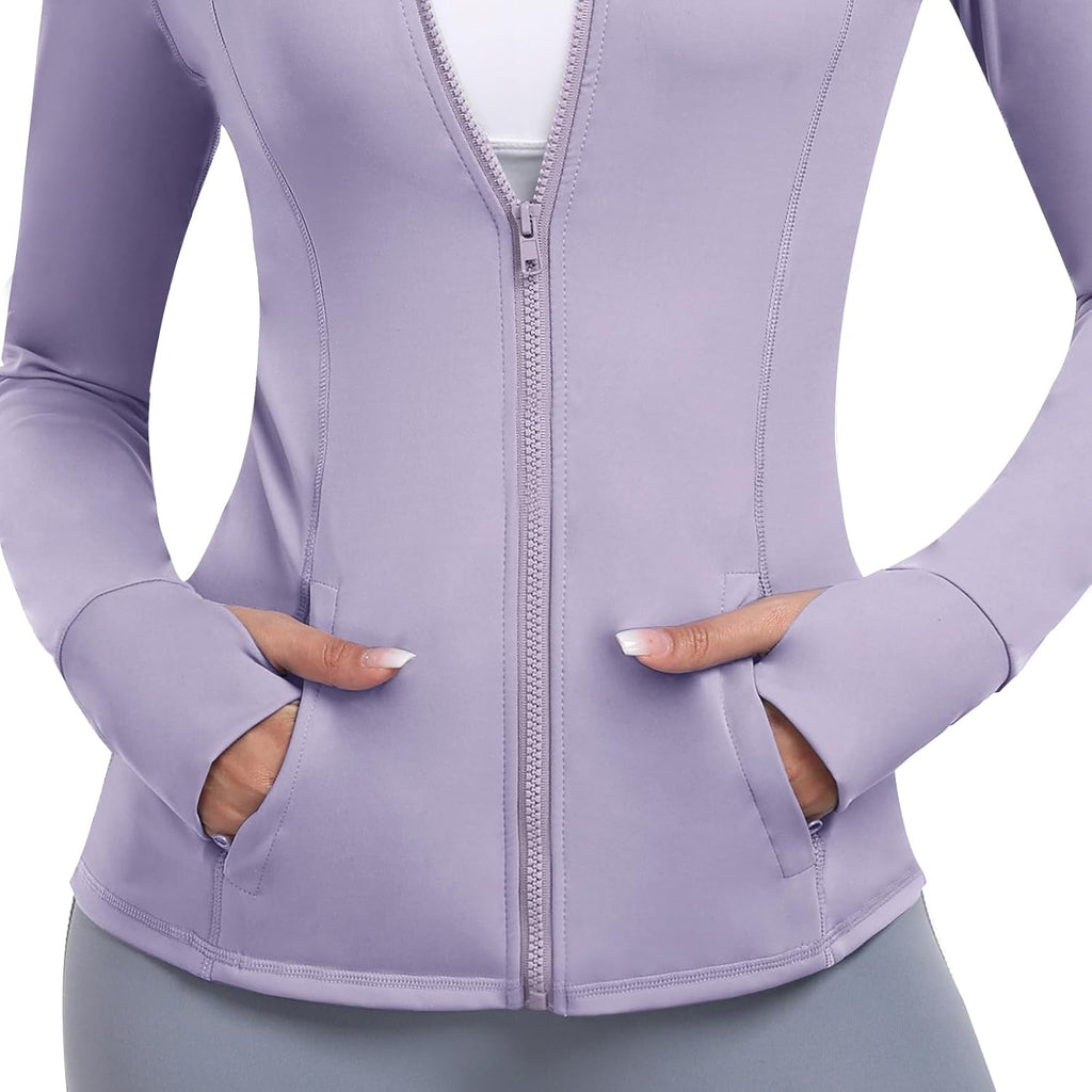 Women's Athletic Full Zip Lightweight Workout Jacket With Pockets Running Slim Fit Yoga Sportwear With Thumb Holes